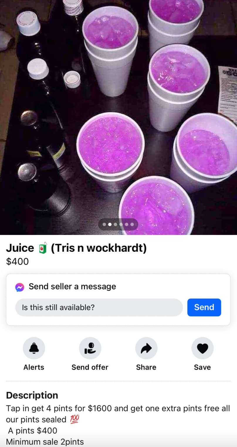 Juice Tris n wockhardt $400 Send seller a message Is this still available? Send Alerts Send offer Save Description Tap in get 4 pints for $1600 and get one extra pints free all our pints sealed 100 A pints $400 Minimum sale 2pints